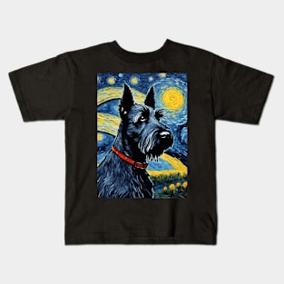 Cute Scottish Terrier Dog Breed Painting in a Van Gogh Starry Night Art Style Kids T-Shirt